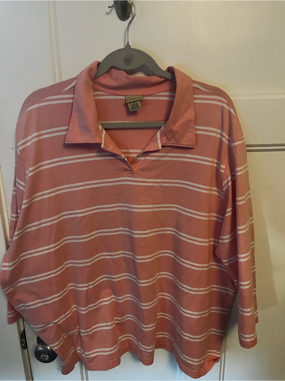L.L. Bean Coral Pink and White Striped Polo Shirt